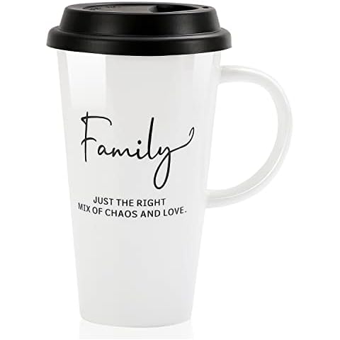 Buyajuju Travel Mug with Handle and Silicone Lid in Gift Box, Porcelain, Cup Holder Friendly, 16oz Tall Coffee Travel Mug Tumbler for Tea, Latte and Hot Chocolate On the Go, Labelled “ Family” Cover