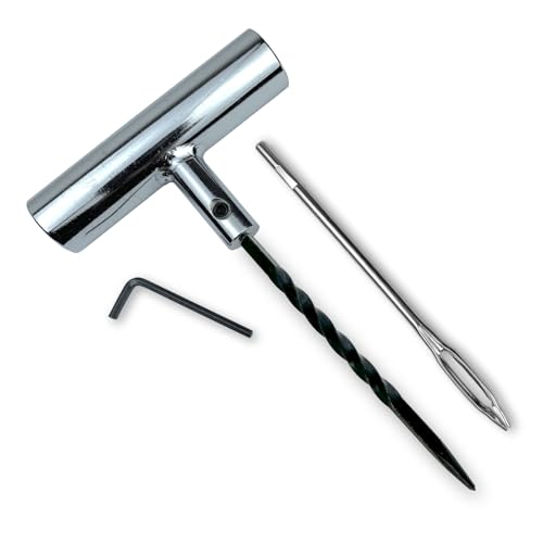 Image of TYK Industries Metal T-Handle Split Eye Needle Tire Plug Repair Tool with Hardened Steel Spiral Tire Reamer and Allen Wrench