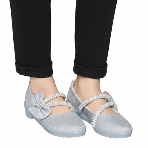 Image of Girls' Patent Mary Jane Shoes with Floral Embellishment, Attractive Colour's, Pearl Flower Welcro Glittery Bellies