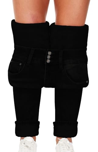 Fleece Lined Jeans Women Thermal Flannel Lined Jeans 3 Buttons Winter Warm Skinny Stretch Denim Pants
