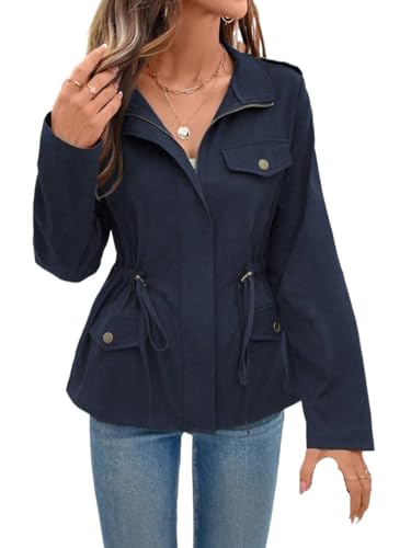 Womens Long Sleeve Jacket Casual Front Zipper Cinched Waist Coat Outwear Fall Outfit Shackets