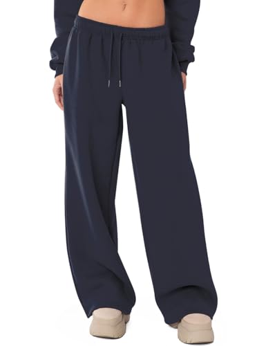 Ugerlov Wide Leg Sweatpants Women Baggy Fleece Sweat Pants Teen Girls Lounge Drawstring Trousers Low Rise Cute Streetwear Pants with Pockets Navy Blue S