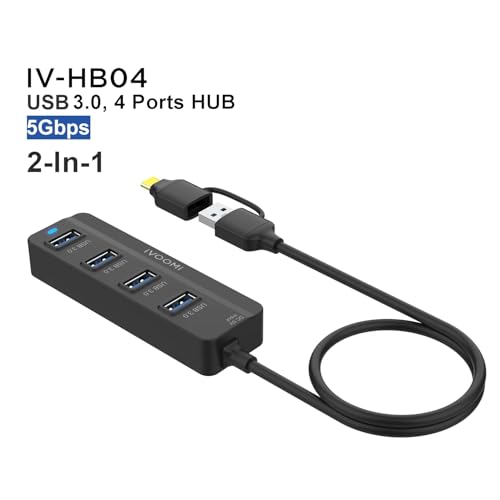 Image of iVOOMi HB04 USB Hub, 2-in-1 Type-C & USB to 4-Port USB 3.0 Hub, 5Gbps High-Speed Aluminium USB Splitter for Laptop, PC, MacBook & Desktop