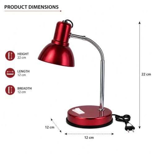 Image of LED Red Desk Lamp for Study Table | Adjustable Metal Reading Lamp with Flexible Neck | Eye Care Table Light for Students, Bedroom, Office & Work Desk