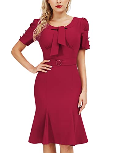 Image of MUXXN Women's Vintage 1950s Midi Crew Neck Short Sleeve Party Cocktail Work Casual Bodycon Dress