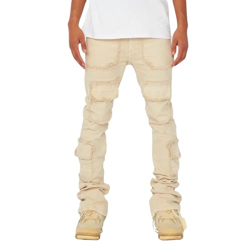 FOMOYUU Mens Stacked Jeans Slim Fit Ripped Jeans Destroyed Denim Pants Distressed Hip Hop Trouser Y2k Streetwear