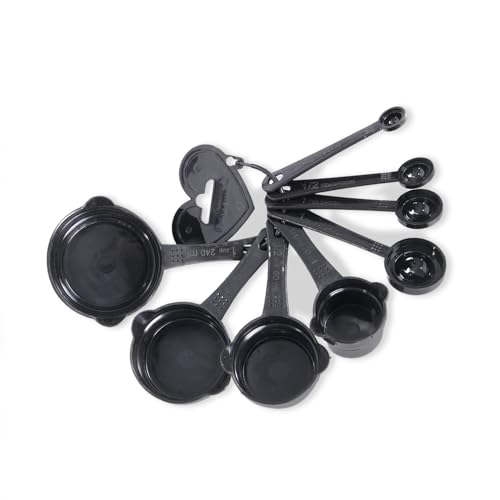 Image of IBELL MCP08E 8-Piece Kitchen Measuring Set, Plastic Measuring Cups and Spoons with Ring Holder, Complete Baking and Cooking Measurement Tools (Black)