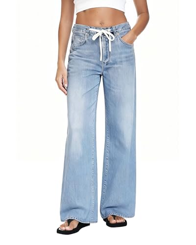 MARIASHA Wide Leg Jeans for Women Trendy High Waist Stretchy Baggy Jeans Women Drawstring Denim Pants Light Blue L