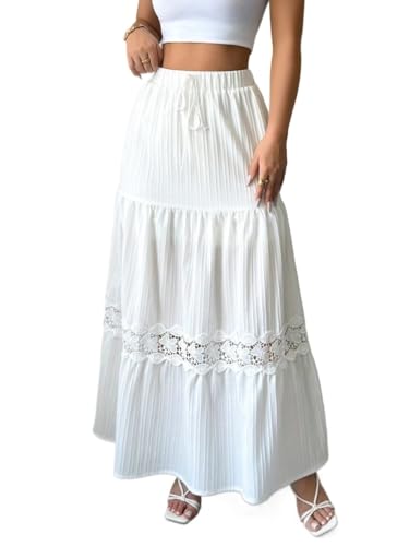 Trend Women's Summer Basic Skirt A-Line French Lace Hem Drawstring Waist Long Skirts for Summer for Beach