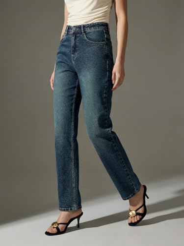 Image of Urbano Fashion Women's High Rise Straight Fit Washed Jeans Non-Stretchable