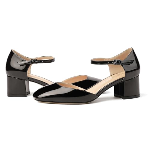 MODENCOCO Women's Patent Ankle Strap Cut Out Buckle Square Toe Chunky Low Heel Pumps Shoes 2 Inch 6