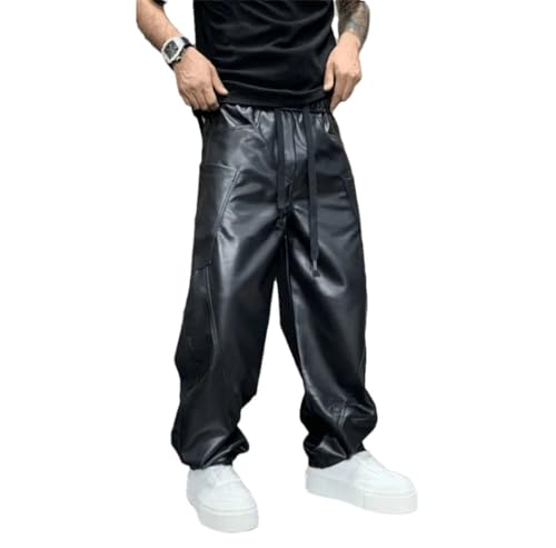 FULBHPRINT Men's Multi-Pocket PU Leather Pants Streetwear Hip Hop Solid Casual Joggers Trousers