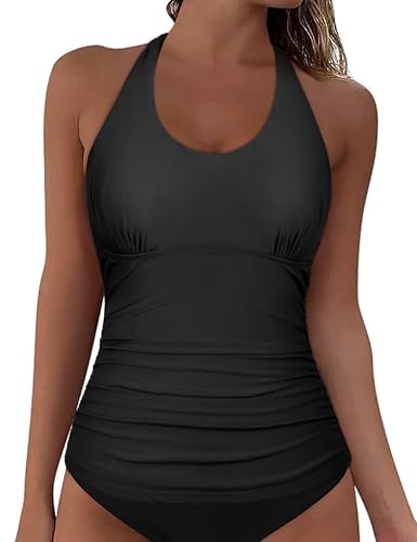 Firpearl Underwire Tankini Tops for Women Ruched Tummy Control Swimsuit Tops Modest Halter Bathing Suit Top Only2