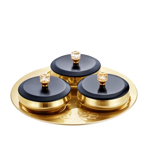 Image of Sanjeev Kapoor Stainless Steel Diamond Nut Bowl Serving Set 7 Pcs | 3 Bowls with 3 Lids and 1 Tray | Elegant Storage & Serving Bowl Set for Dry Fruits, Snacks, and Festive Use