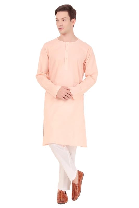Mens Indian Casual Cotton Kurta Pajama Set - Pink - Crew Neck