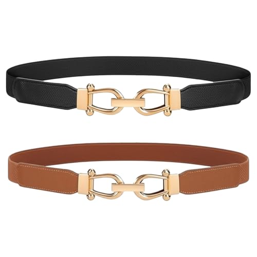 2 Pcs Elastic Belts for Women, Black and Brown Belt with Gold Buckles, Dress Skinny Belts