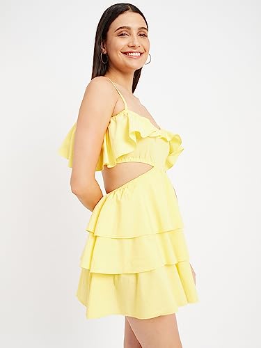 Image of DRAPE AND DAZZLE Yellow Stylish Cut Out Frill Dress | Designer Dress for Women