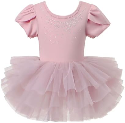 Girls Ballet Dance Dress Leotard with Snap Glitter Ballerina Outfit Criss-Cross Pink Tutu Dress for Girls