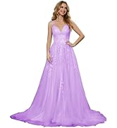 QFMYYXGS Tulle Lace Applique Prom Dresses for Women 2024 Long Ball Gown V Neck Wedding Dress A Li...