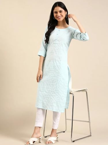 Image of SHOWOFFFF Women Woven Design Straight Ethnic Kurta | Round Neck 3 /4th Sleeves Cotton Kurta for Womens | Regular Fit Calf Length Kurta for Women's