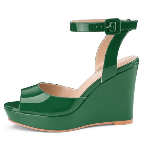 Image of Women's Dressy Platform Wedge Sandals Gold Wedges Peep Toe Patent High Heels Slingback Heeled Comfortable Ankle Strap Shoes