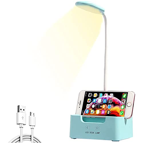 LED Desk Lamp, Blue Cute Nail Desk Task Lighting, College Dorm Room Essentials Small Reading Light for Girls Boys Kids with 3 Colors and 5 Brightness Pen Holder Phone Holder and USB Charging Port