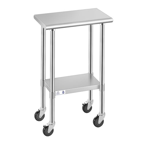 Image of ROCKPOINT Stainless Steel Table for Prep & Work with Caster Wheels 14x24 Inches, NSF Metal Commercial Kitchen Heavy Duty Table with Adjustable Under Shelf and Table Foot for Restaurant, Home and Hotel