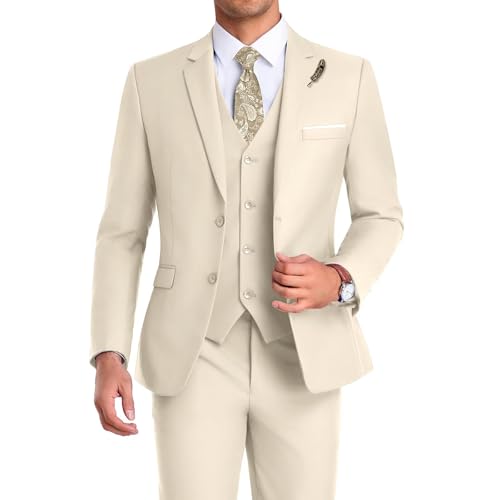 Mrbuerly Cream Prom Suit for Men 3 Pieces Slim Fit Tuxedos Homecoming Party Mens Suits Jacket Vest Pants Notched Lapel-XL