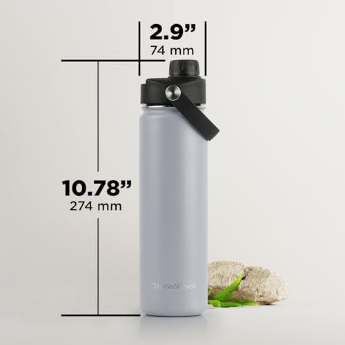 Image of ThermoProof Double-Walled Vacuum Insulated Stainless Steel Water Bottle - Wide Mouth with Chug & Spout Lids, Dishwasher Safe, Reusable, Leakproof, Hot & Cold for Men, Women & Kids - 22oz, Light Gray