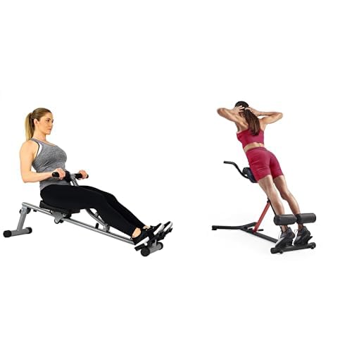 Sunny Health and Fitness Unisex's Station Hyperextension Roman Chair with Dip Station, Black + SF-RW1205 12 Adjustable Resistance Rowing Machine Rower w/Digital Monitor