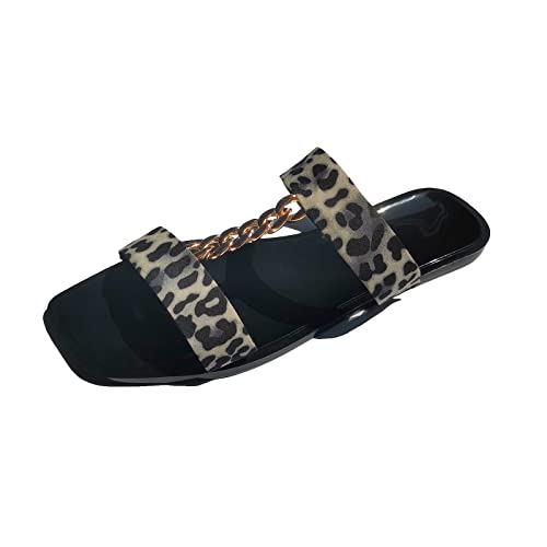 Sandals Women Womens Shoes Summer Slippers Metal Chain Square Toe Slippers Fashion Flat Plus Size Leopard Print Slippers (Beige, 11)
