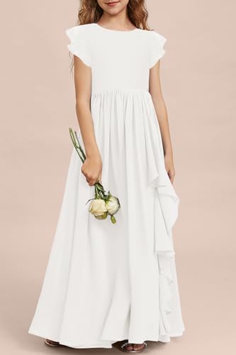 MITILLY Girls Lace Flower Maxi Dress Ruffle Sleeve A-Line Flowy Junior Bridesmaid Chiffon Dresses for Wedding Party 12 Years White