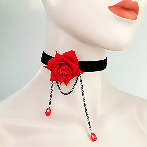 Ericotry Elegant Retro Rose Flower Collarbone Chain Clavicle Necklace Gothic Lolita Black Lace Collar Choker Ornament Wedding Halloween Accessories (Red) #TOP5
