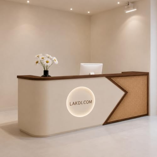 Image of Luxury Modern Reception Desk with Cane Pattern Accent, Curved Design and Storage for Office Lobby, Salon, Hotel - (RCT-198 MDFL L8W2)
