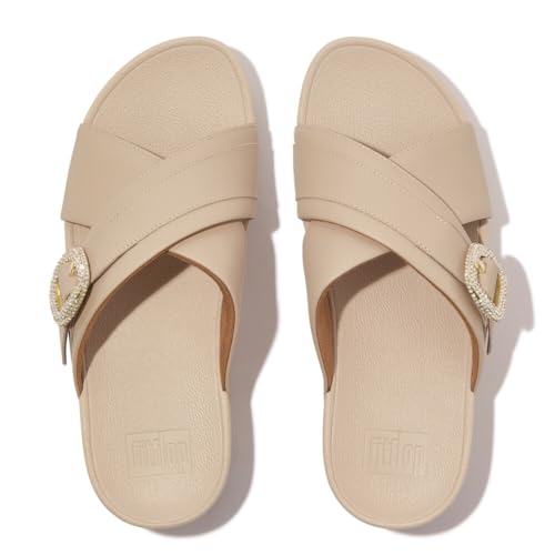 Image of FitFlop Lulu Crystal-Buckle Leather Cross Slides