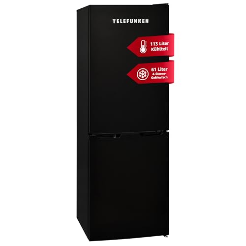 TELEFUNKEN Kühl-Gefrierkombination | Kühlschrank groß mit Gefrierfach | 174 Liter Gesamt-Nutzinhalt | Freistehend | Höhe 145 cm | Kühlgefrierkombi KTFK174EB2-V3 in schwarz