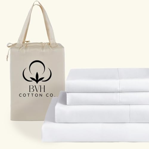 BVH Cotton Co. Pima Cotton Queen Size Sheet Set, 4Pc Bed Set, Soft & Breathable Percale Weave, Fits 10-12' Deep Pocket, Hotel-Quality 1000 Thread Count Bed Sheets (Solid, White)