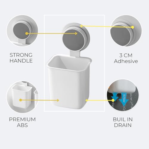 Image of Toothbrush Holder for Bathroom Wall - Pack of 2 | Self Adhesive ABS Organizer for Toothpaste, Comb, Sponge, Remote, Shaving Brush | Wall Mounted Bathroom Storage Box