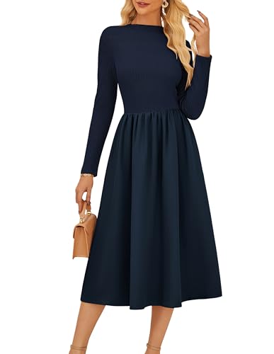 Women's Fall Midi Dress Long Sleeve Midi Dress Elastic Waist Aline Ribbed Semi Formal Work Office Teacher Dress Navy Blue S