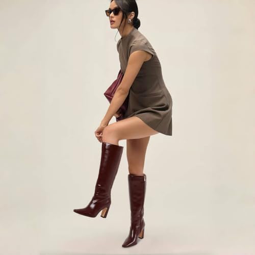 Image of Lovee Cosee Knee High Boots for Women Square Toe Chunky Heeled Boots with Side Zipper Fashion Dress Elastic Tall Boots