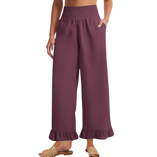 Image of Women Linen Pants Dressy Casual Summer Boho Ruffle Hem Wide Leg Cropped Pants Smocked High Waisted Palazzo Pant