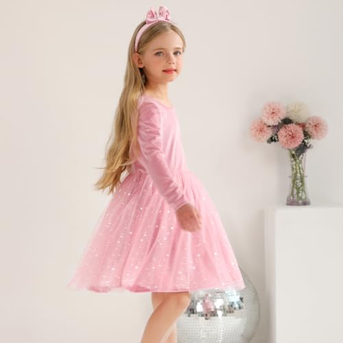 Weixinbuy Baby Girls Dresses Long Sleeve Tulle Velvet Twirl Fall Dresses for Baby Girls Toddler Baby Girl Fall Winter Clothes Pink — view 4