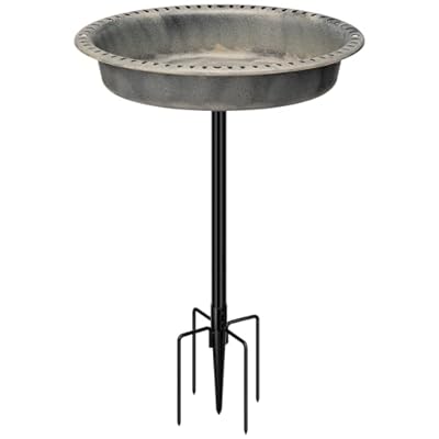 VIVOHOME Oval Polyresin Bird Bath Bowl with Metal Stake, 29 Inch Height Outdoor Freestanding Birdfeeder, Capacity 1.3 Gallons, 5-Pronged Base, Gray