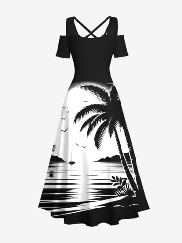 Image of Matchable Couple Hawaiian Coconut Tree Print Shirt or Plus Size Midi Cold Shoulder Dress