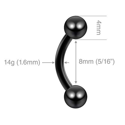 Evonix 2Pc Black 14G Curved Barbell Daith Rook Conch Labret Helix Lip Ring Tragus Eyebrow Cartilage 8Mm #TOP2