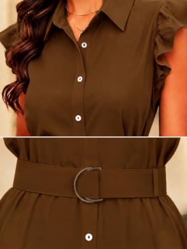 Image of OOMPH! Women's Shirt Midi Dress | Ruffle Sleeves | Button-Down Front | Waist Belt Detail | Collared Neck Casual & Vacation Dress