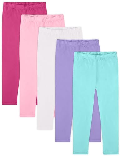 FEQO 5 Pack Toddler Girls Cotton Leggings Pants Full Length Basic Leggings Stretchy Legging Tight Pants 3T(Rose Red Pink White Purple Cyan)