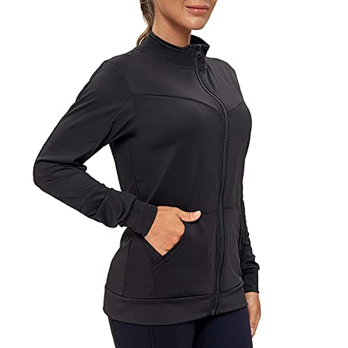 AMZSPORT Mujer Chaqueta Deportiva Sudaderas de Running Ligeras con Bolsillos, Negro S