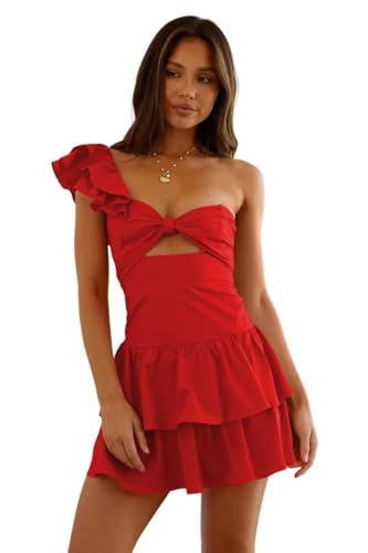 YOFF Short Satin Homecoming Dresses Tiered A-line One Shoulder Ruffles Prom Cocktail Mini Party Dress YO108