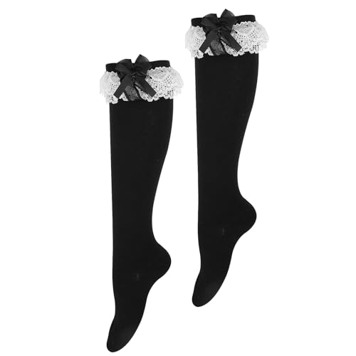 Women's Soft Knee High Cotton Socks with Lace Ruffle Bows - Tube Stockings for Lolita (Black)